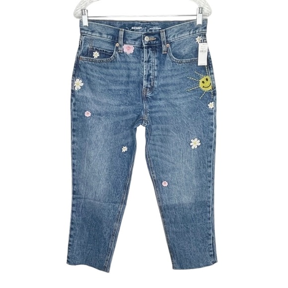 Old Navy High Waist Slouchy Straight Floral Sun Embroidered Button Fly Jean NWT - Picture 1 of 12